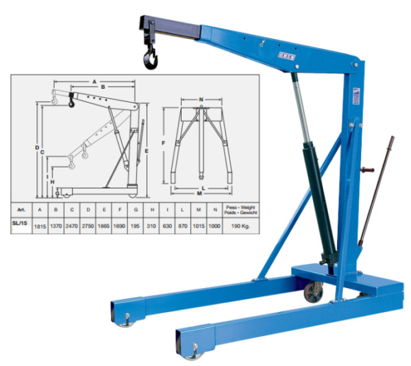 Trolley Hydraulic Crane, Brand: OMCN, Model: Art. SL/15, Made In Italy (brand new) Capacity: 1.5 Ton